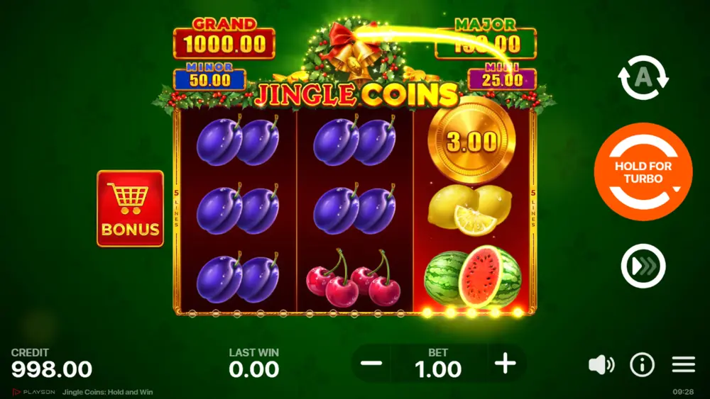 Jingle Coins Hold and Win base game showing 3x3 grid with Wild 777, Bells, BAR BAR, and fruit symbols
