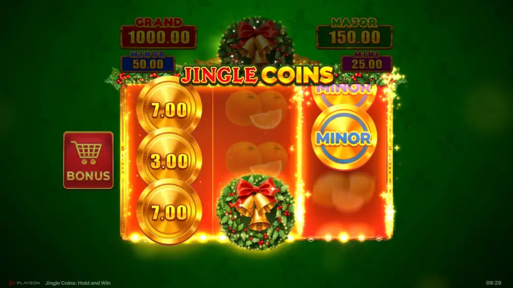 Jingle Coins bonus game with sticky Jingle Bonus symbol on reel 2, re-spins counter showing 3, and cash value coins locked on grid