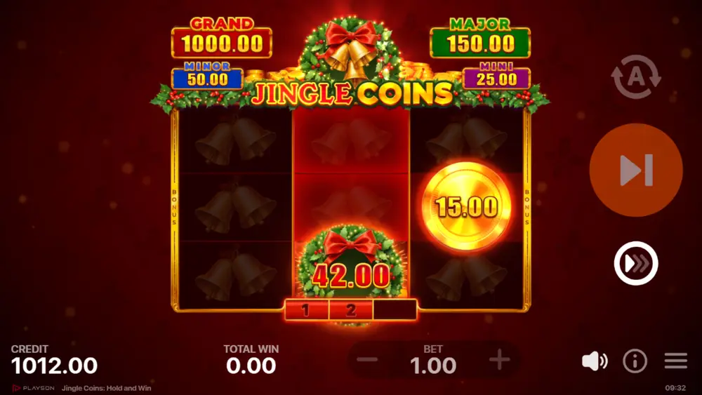 Grand Jackpot $1,000 win in Jingle Coins slot by Playson displayed on bonus game screen