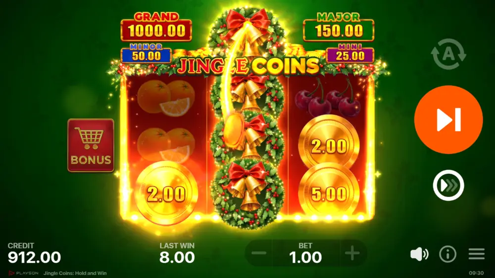 Jingle Coins Feature collecting bonus symbol values on 3x3 grid with Jingle Bonus on reel 2 and total collection displayed