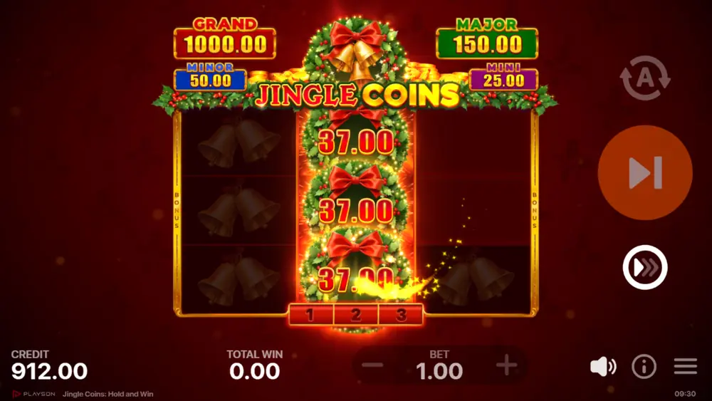 Pile of Gold Feature adding extra Bonus symbols to reel grid in Jingle Coins base game to trigger Hold and Win re-spins